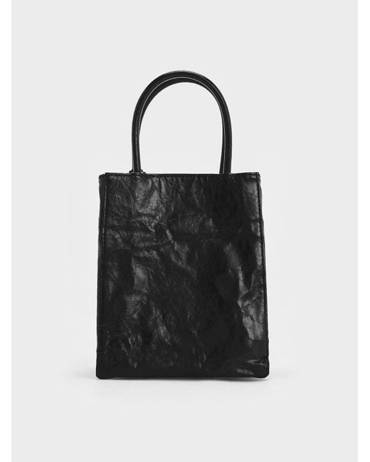 Charles & Keith Black Matina Crinkle-effect Elongated Tote Bag