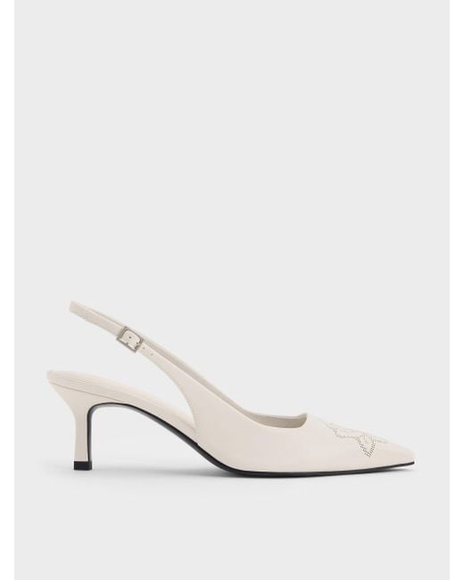 Charles & Keith Natural Perforated Rose Pointed-Toe Kitten-Heel Slingback Pumps