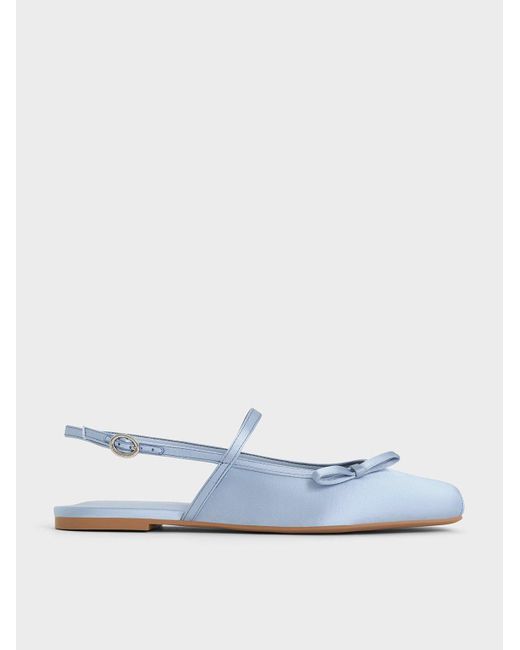 Charles & Keith Blue Satin Bow Slingback Mary Jane Flats