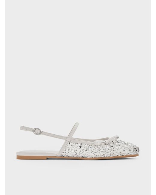 Charles & Keith White Mesh Sequinned Bow Slingback Mary Jane Flats