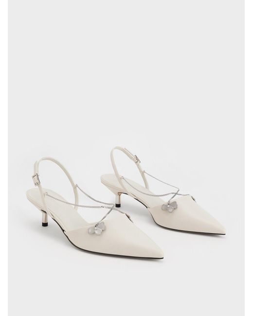 Charles & Keith Natural Flower-accent Chain-link Kitten-heel Pumps
