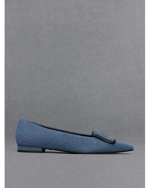 Charles & Keith Blue Leather & Denim Pointed-toe Flats