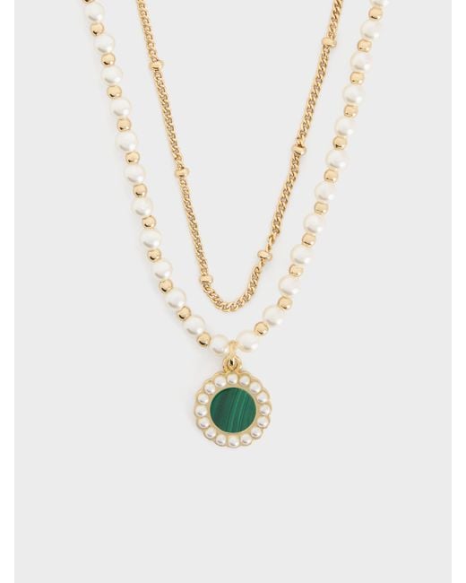 Charles & Keith White Pearl & Gemstone Double-Chain Necklace