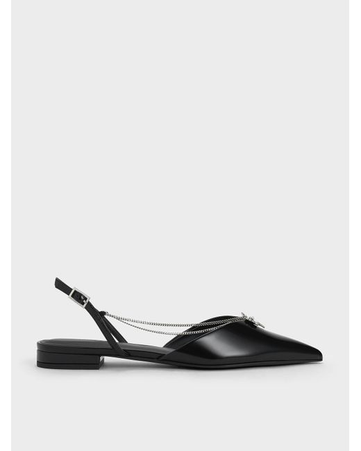 Charles & Keith Black Flower-accent Chain-link Slingback Flats