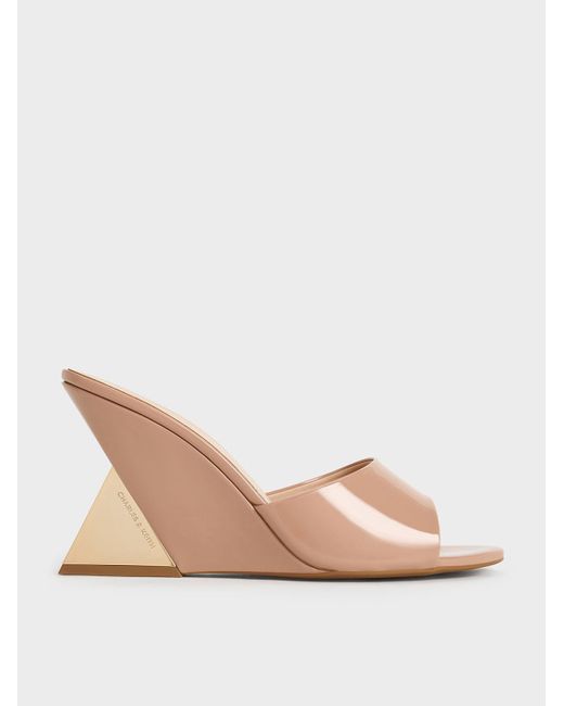Charles & Keith Natural Patent Triangle-heel Wedge Mules