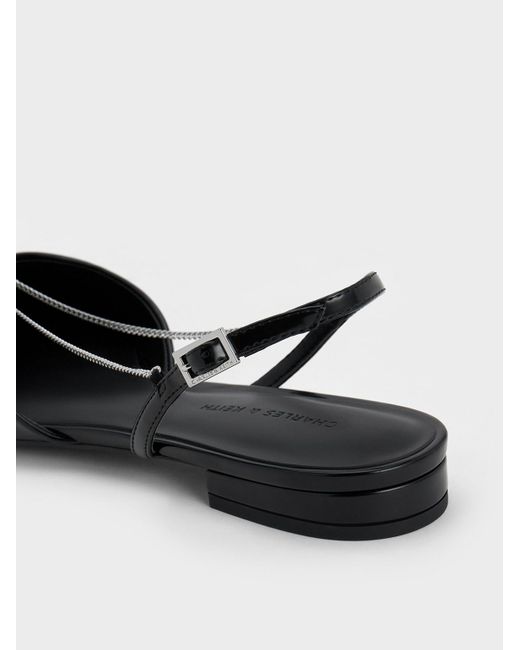 Charles & Keith Black Flower-accent Chain-link Slingback Flats