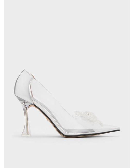 Charles & Keith White See-through Beaded Bow Pumps