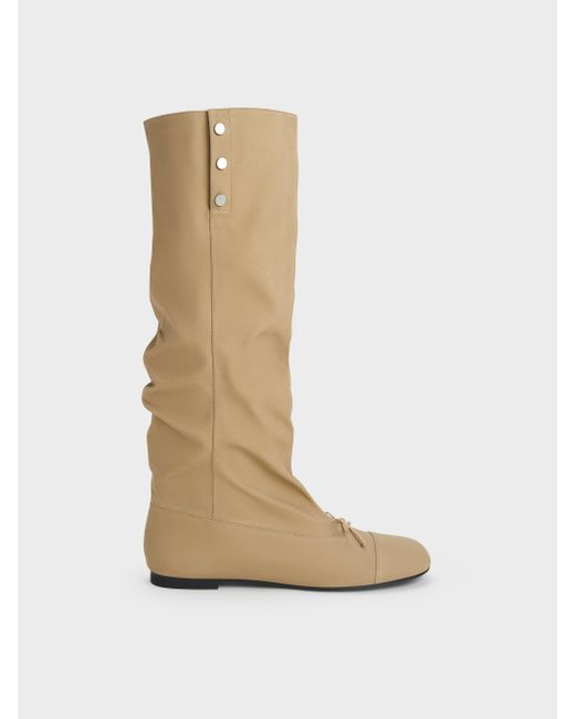 Charles & Keith White Gael Twill Studded Slouchy Knee-High Boots