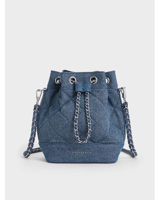 Charles & Keith Blue Julia Denim Quilted Two-way Bucket Bag
