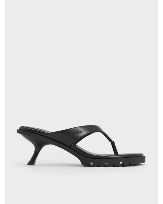 Charles & Keith Black V-Strap Slant-Heel Thong Mules