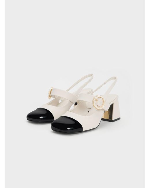 Charles & Keith Natural Patent Two-tone Pearl Buckle Slingback Pumps