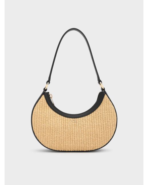 Charles & Keith White Leather & Raffia Crescent Hobo Bag