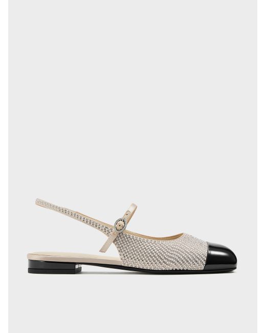 Charles & Keith White Pearl-Crystal Cap-Toe Mary Jane Flats