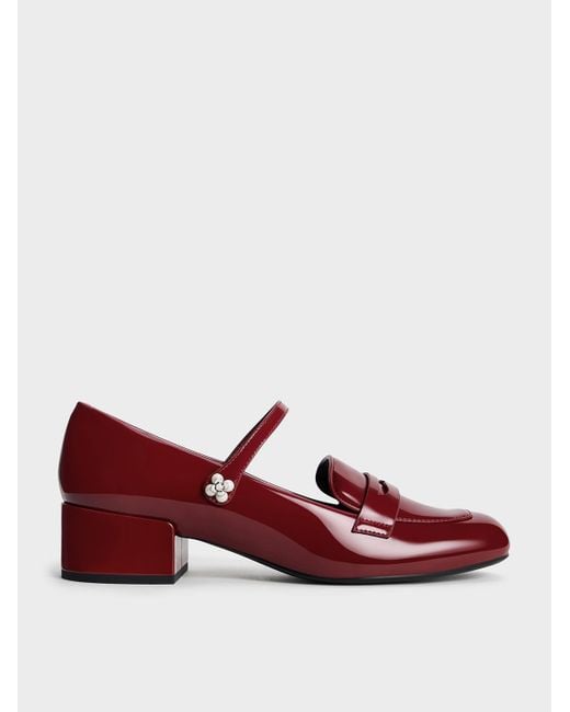 Charles & Keith Red Patent Pearl-Embellished Flower-Buckle Mary Jane Loafers