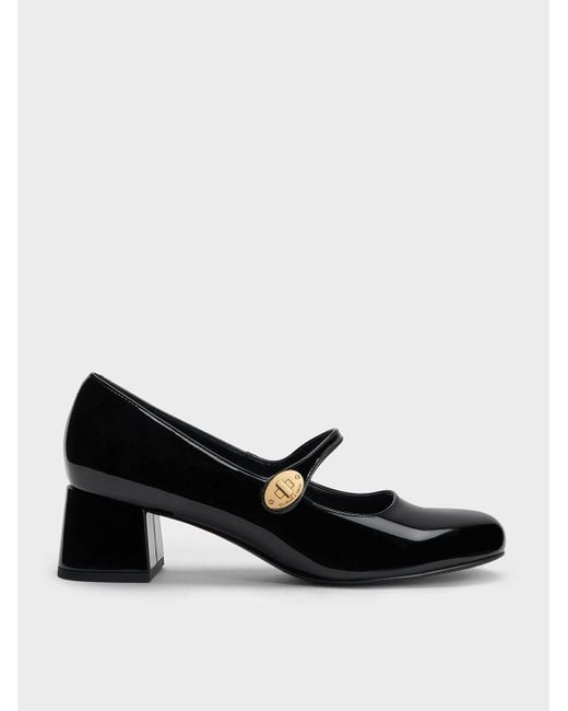 Charles & Keith Black Hettie Patent Metallic-buckle Block-heel Mary Janes