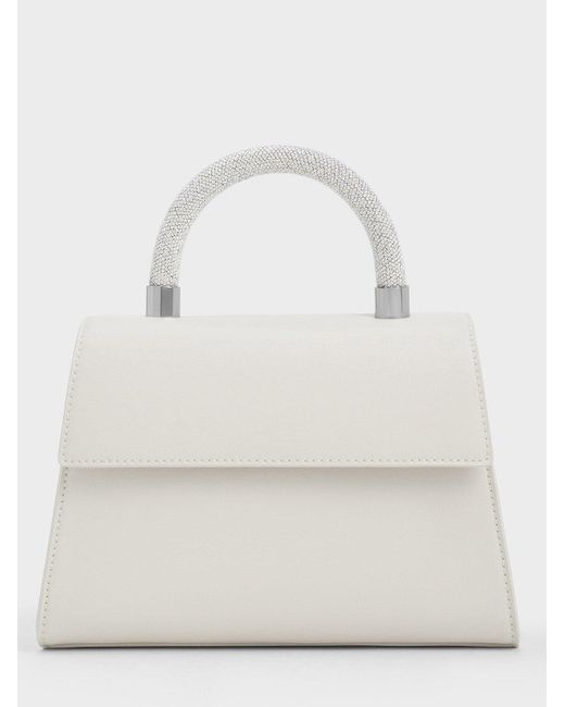 Charles & Keith White Trapeze Crystal-embellished Top Handle Bag
