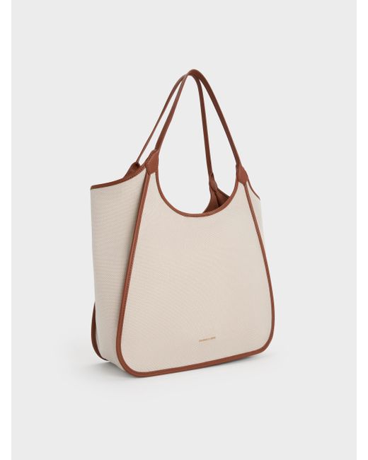 Charles & Keith Natural Sianna Canvas Contrast-Trim Tote Bag