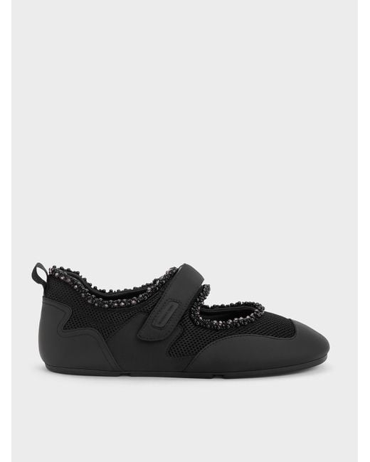 Charles & Keith Black Mesh Pearl-Embellished Mary Jane Sneakers