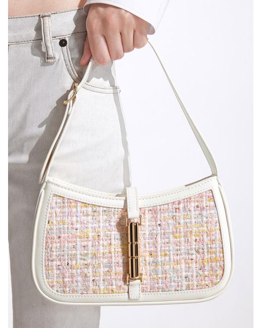 Charles & Keith White Cesia Metallic Accent Tweed Shoulder Bag