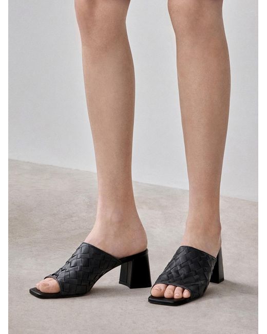 Charles & Keith Black Ivette Woven Square-Toe Heeled Mules