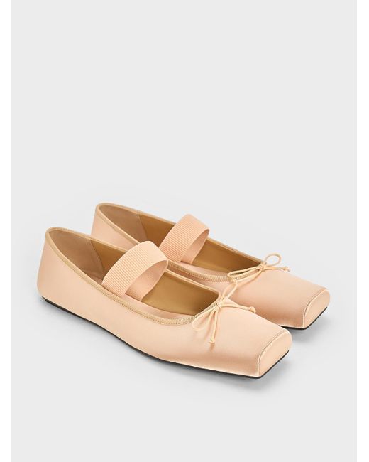 Charles & Keith Natural Satin Square-Toe Mary Jane Ballet Flats