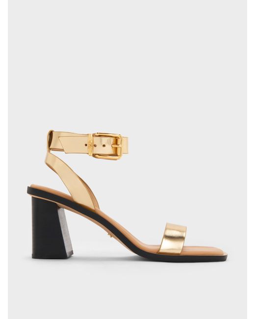 Charles & Keith Natural Metallic Leather Ankle-Strap Block-Heel Sandals