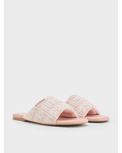 Charles & Keith White Tweed Puffy Wide-strap Slide Sandals