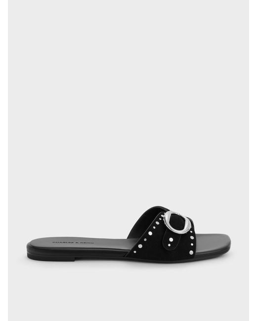 Charles & Keith Black Studded Buckled Slide Sandals