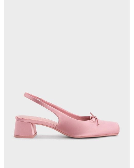 Charles & Keith Pink Sadira Satin Bow Square-Toe Slingback Pumps