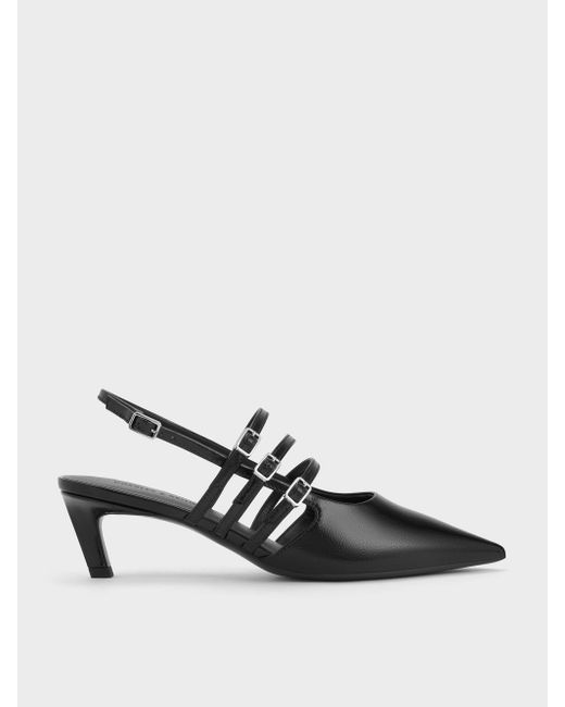 Charles Keith Women's Patent Triple-Strap Pointed-Toe Kitten