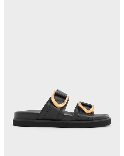 Charles & Keith Black Gabine-Buckle Leather Slides