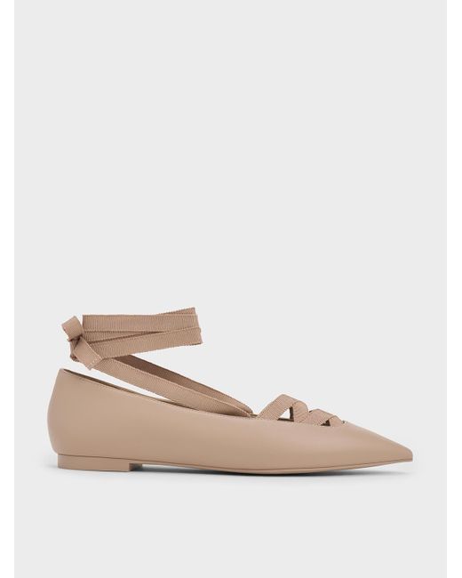 Charles & Keith Natural Pointed-toe Tie-around Ballet Flats