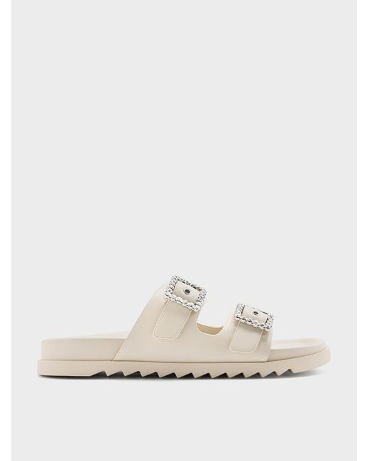 Charles & Keith White Gem-Buckle Double-Strap Sandals