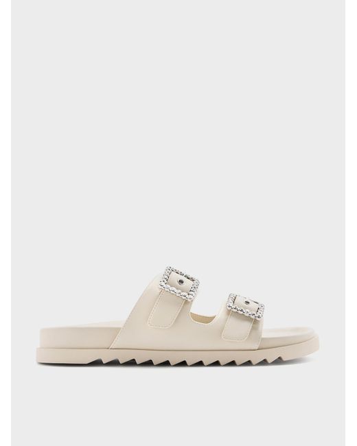 Charles & Keith White Gem-Buckle Double-Strap Sandals