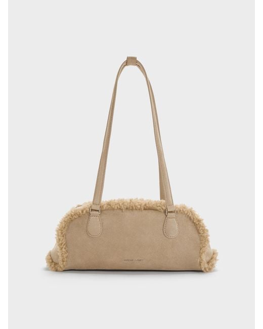 Charles & Keith Natural Nelly Faux Shearling Elongated Shoulder Bag