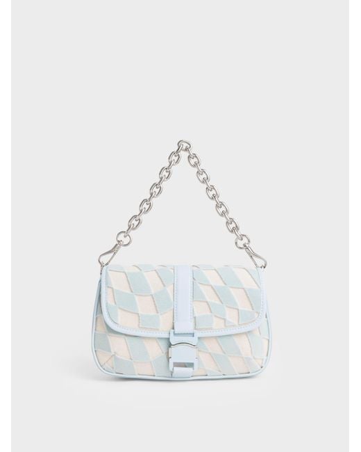 Charles & Keith Zetta Checkered Canvas Crossbody Bag in Light Blue