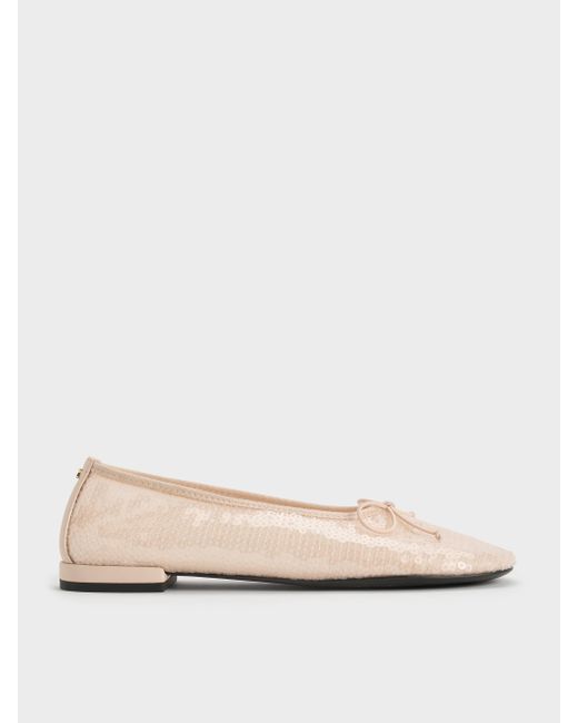 Charles & Keith Natural Sequin Mesh & Leather Bow Ballet Flats
