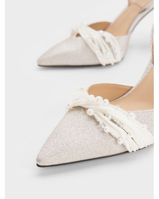 Charles & Keith White Leda Beaded Glittered Ankle-strap Pumps