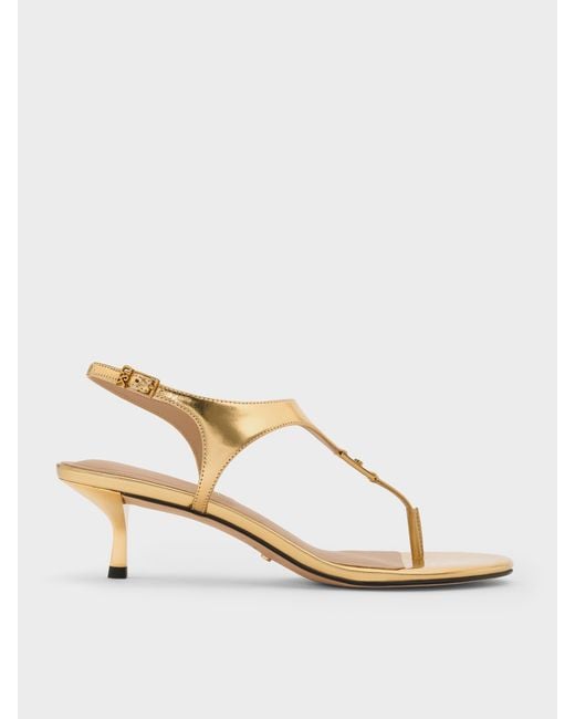 Charles & Keith Natural Metallic Leather Thong Kitten Heels