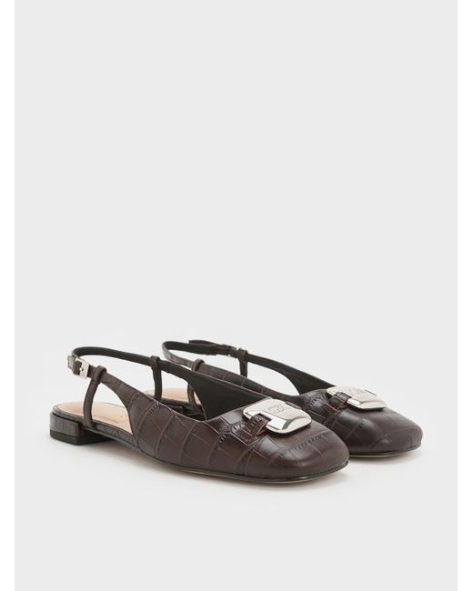 Charles & Keith White Croc-effect Leather Metallic-accent Slingback Flats