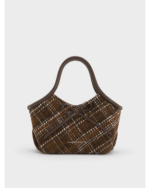 Charles & Keith Brown Hazel Checkered Bow Tubular Top Handle Bag