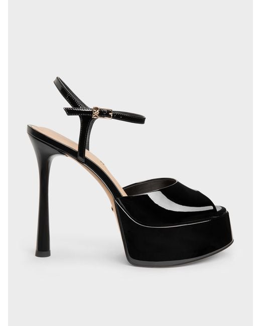 Charles & Keith Black Francesca Patent Leather Peep-Toe Platform Heels