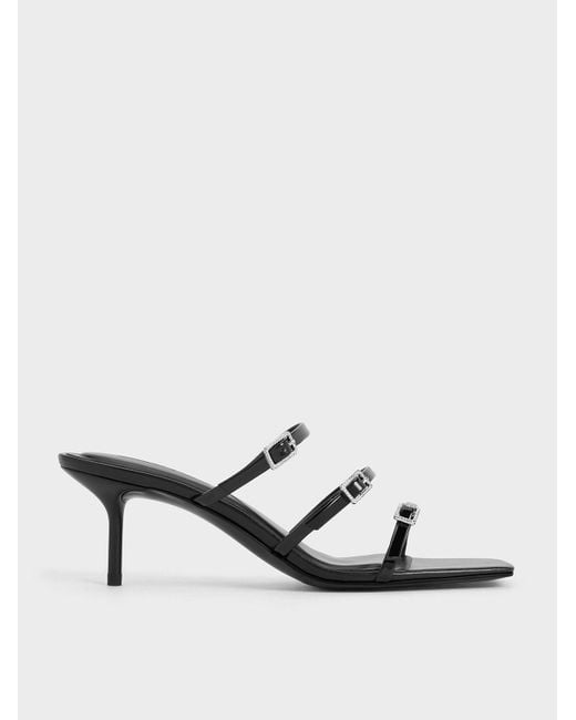 Charles & Keith White Patent Crystal-buckle Heeled Mules