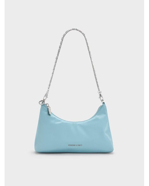 Charles & Keith Blue Satin Crystal-Embellished Chain-Handle Two-Way Bag