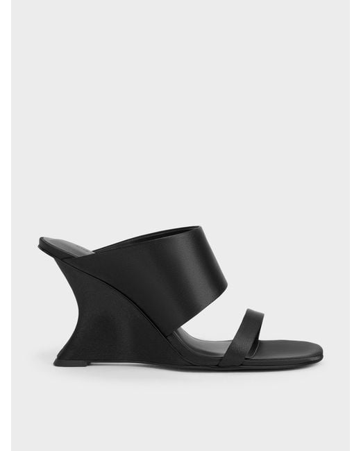 Charles & Keith Black Satin Double-Strap Wedge Mules