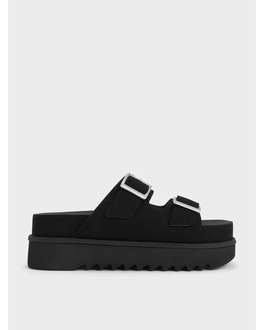 Charles & Keith Black Buckled Double-Strap Flatform Sandals
