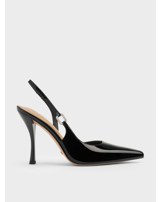 Charles & Keith White Patent Leather Crystal-Buckle Slingback Pumps