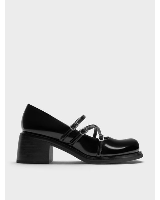 Charles & Keith Black Triple-Strap Crossover Block-Heel Mary Janes
