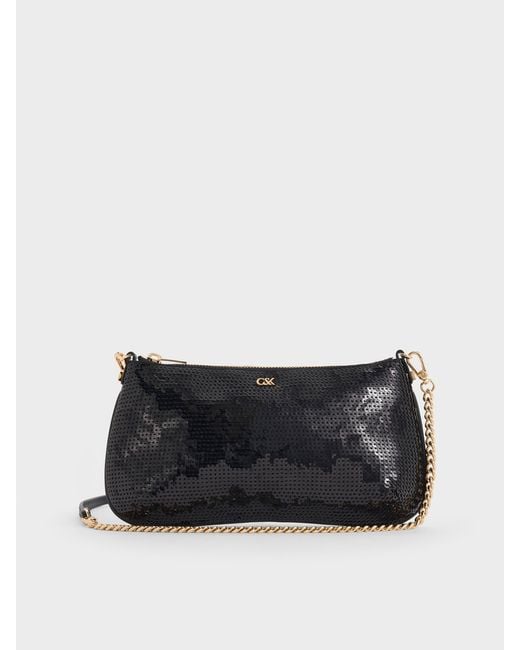 Charles & Keith Black Sequin Mesh & Leather Shoulder Bag