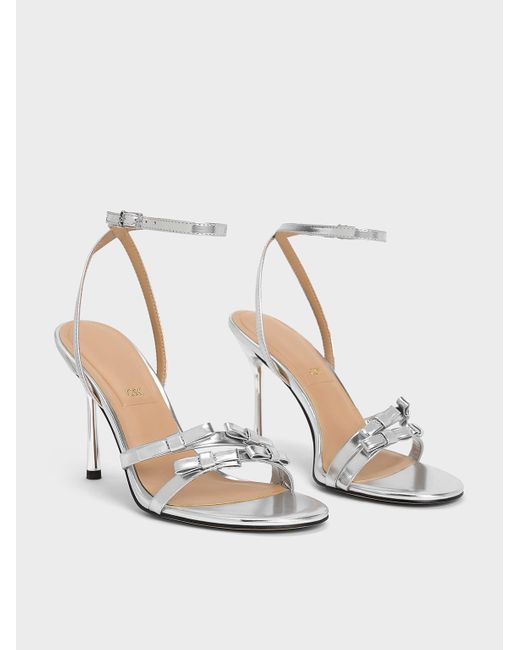 Charles & Keith White Jessy Metallic Leather Bow Ankle-Strap Stiletto-Heel Sandals